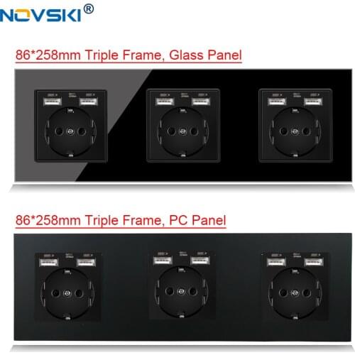 NOVSKI 16A EU Standard Wall Socket Triple Frame Crystal Glass Black Panel 86*258 mm, Hidden LED for USB Charger