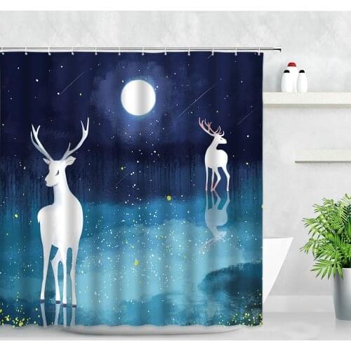 Cartoon Elk Shower Curtains Moon Night View White Deers Dream Scenery Creative Children Bathroom Decor Screens Bath Curtain Sets
