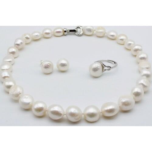 Baroque pearl suit, white pearls, diameter 12-13mm, ring necklace earrings, ladies wedding jewelry