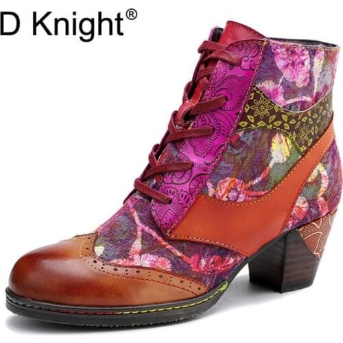 New 2020 Chic Print Women Boots Genuine Leather Autumn Winter Shoes Woman Handmade Thick High Heel Ankle Boot Female Botas Mujer
