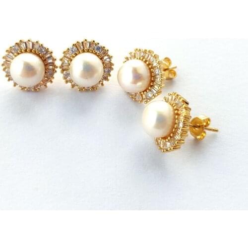 8Pairs Gold Color round Micro Pave CZ stud earrings,Nature Pearl earring for women party gift jewelry ER934