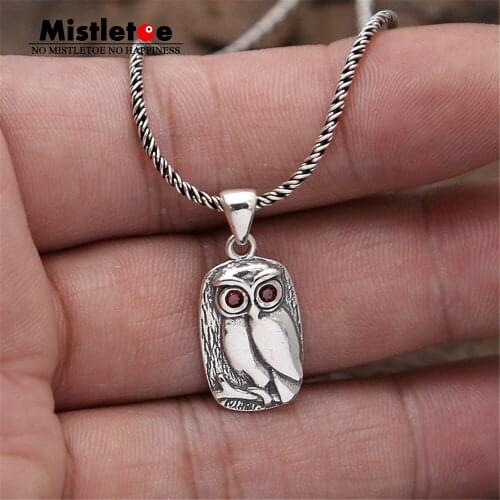 Genuine 100% 925 Sterling Silver Vintage Punk Animal Wise Owl Red CZ Pendant For Women Men Necklace Jewelry Thai
