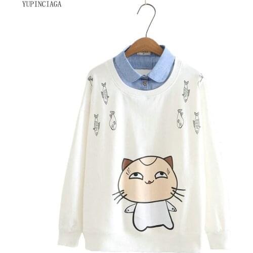 Women Funny Hooded Sweatshirt Cartoon cat watching fish Patchwork Hoodies Tracksuit 2020 Spring Casual Fake 2 Piece Pullovers