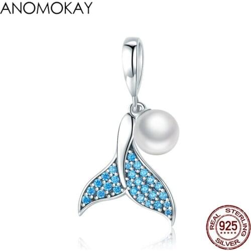 Anomokay 100% 925 Sterling Silver Blue CZ Mermaids Tail Freshwater Pearl Pendant Charm fit Bracelet Necklace DIY S925 Jewelry