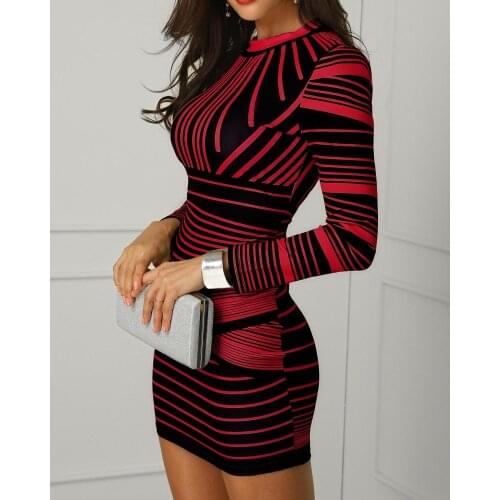 2020 Spring Autumn Women Elegant Vintage Contrast Striped Long Sleeve Bodycon Dress Ladies Sexy Party Clothing Femme Robe