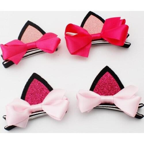 20 pairs/lot, Glitter & Bow Felt Cat Ears Alligator Clip Barrettes, Animal Ears hair clips