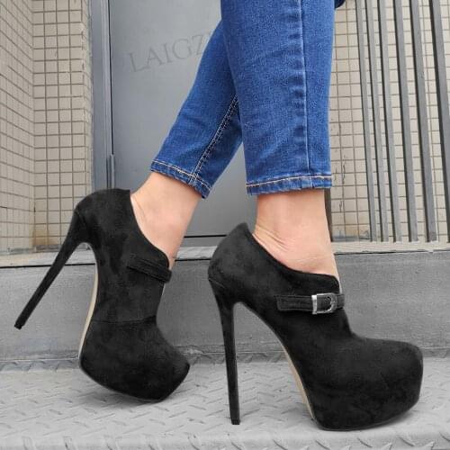 BERZIMER SUPER Women Ankle Platform Boots Buckle Strap High Heels Booties Botas Mujer Shoes Woman Footwear Big Size 41 44 47 52