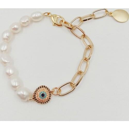 Free shipping,KESHI baroque PEARL BRACELET,100% nature freshwater pearl bracelet with EYES beads, 18k gold plating chain