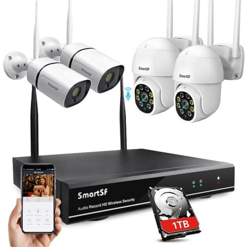 SmartSF Wireless Security Camera System with 1TB 3MP PTZ Cameras and Bullet Cameras Video Surveillance Kit IP66 Night Vision