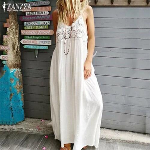 Bohemian Summer Sundress Womens Lace Patchwork Dress ZANZEA 2021 V-Neck Maxi Vestidos Female Spaghetti Strap Robe Oversized 5XL