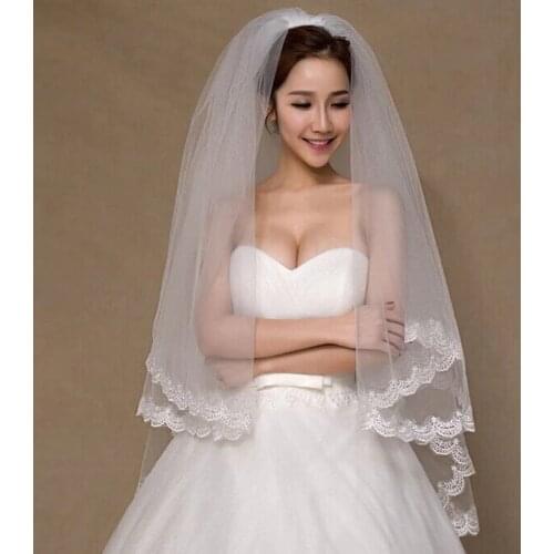 2 Tier Bridal Veil Beautiful Ivory Cathedral Short Wedding Veils Lace Edge With Comb Bride Veils