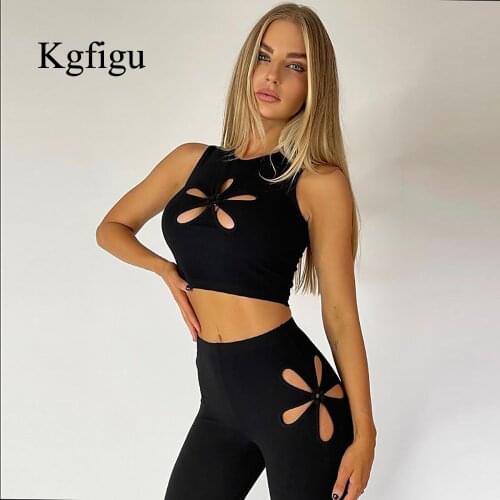 KGFIGU Black 2021 Fall Pants Sets Women Sexy Sleeveless Tight Tank Tops High Waist Soft Trousers Matching Outfits Club Tracksuit