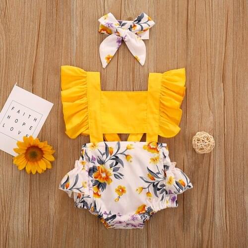 0-24M Ropa Bebes Newborn Girl Baby Bodysuit Ruffle Flower Printed Romper Summer Clothes +Headband Outfits body bebes fille L