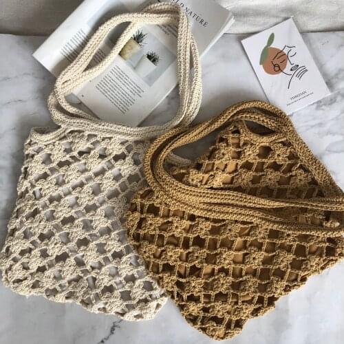 Fashion Korean Chic Hand Woven Hook Flower Cotton Thread Mori Literature And Straw Wool Holiday Style Hollow Out Womens Bag