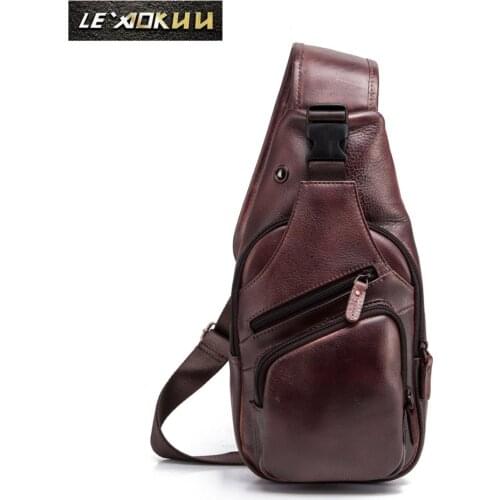 New Men Quality Original Leather Casual Fashion Triangle Chest Sling Bag 8" Tablet Design One Shoulder Cross body Bag Male 8015W
