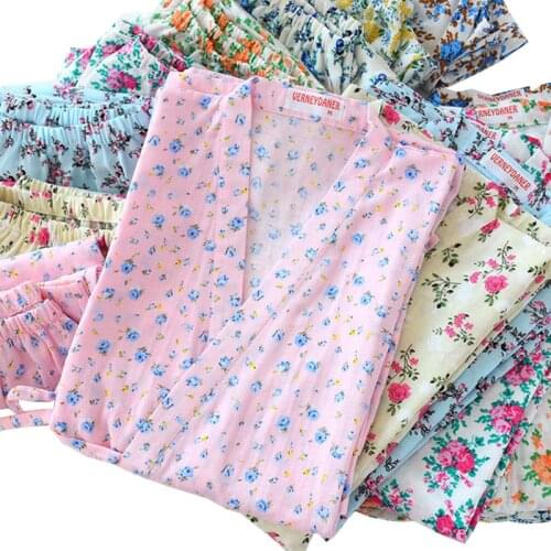 2021 Spring Summer New Ladies 100% Gauze Cotton Floral Printed Women V-Neck Household Japanese Style 2Pcs Sleepwear Casual Wear