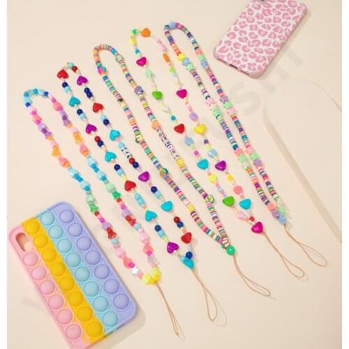 New Colorful Acrylic Bead Heart Mobile Phone Chain Cellphone Charm Phone Strap Anti-lost Lanyard For Women Summer Accessories