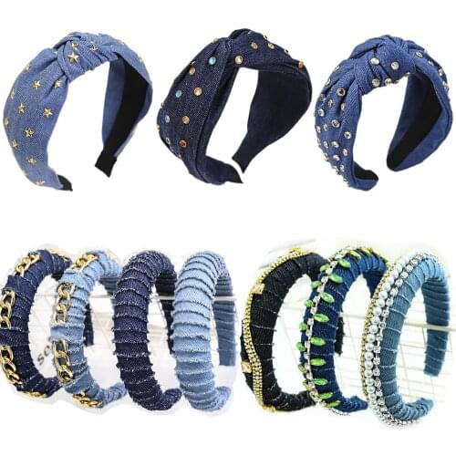 Bohemian Vintage Cotton Denim Fabric Knotted Headband Pearl Hairband Girl Twisted Sponge Headband Women Headwear Accessories