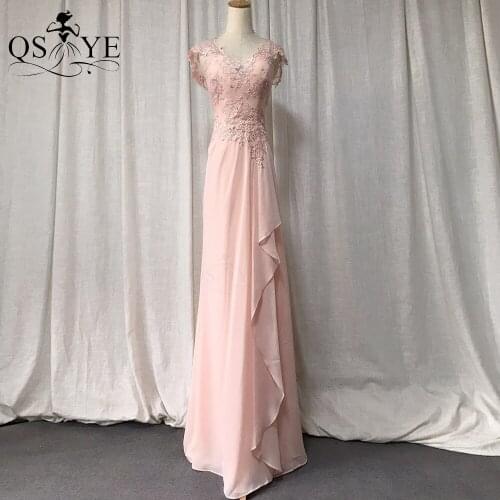Pink Prom Dresses Lace Chiffon Evening Gown Cap Sleeves Ruffles Mother Dress V Neck Blush Girl Appliques Formal Women Gown