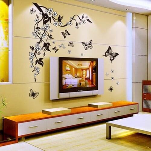 DIY Black Flower Vine Butterfly Flowers PVC Removable Wall Stickers Home Decor Vinyl Mural Decal Art Waterproof Poster Sticker