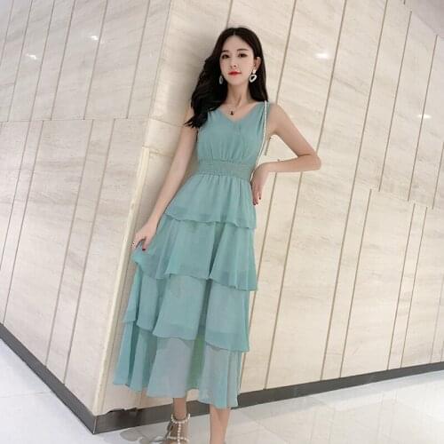 2019 Summer Dresses New Women V-neck Sleeveless Layer Ruffles Puff Dress Female Elegant Chiffon Tiered Dresses