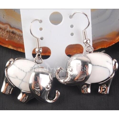 Free Shipping Women Fashion Jewelry Beautiful White Howlite Elephant Dangle Earrings Pair C4195