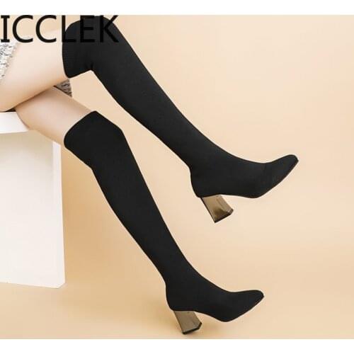 Women Boots High Heels Over The Knee Boot Knitting Socks Booties Stretch Fabric Thigh High Boots Woman Shoes High Heels Sexy