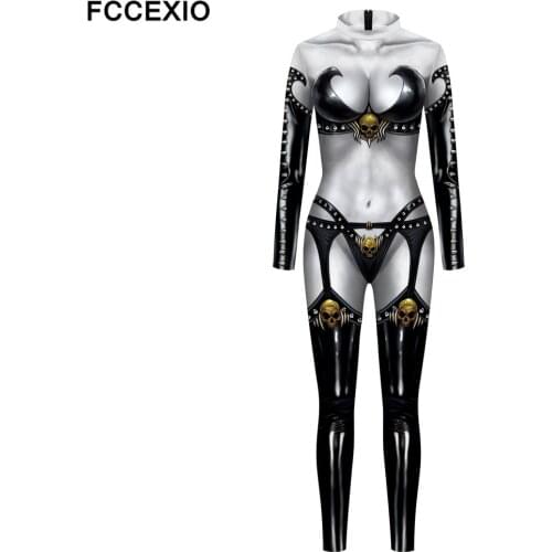 FCCEXIO Women Lady Death Print Halloween Carnival Adult Dress Spandex Jumpsuit Plus Size Long Sleeve Cosplay Onesie Outfits