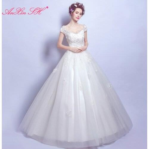 AXJFU Luxury lace flowers sexy wedding dress Slim word shoulder Princess Bride lace wedding dress new 2556