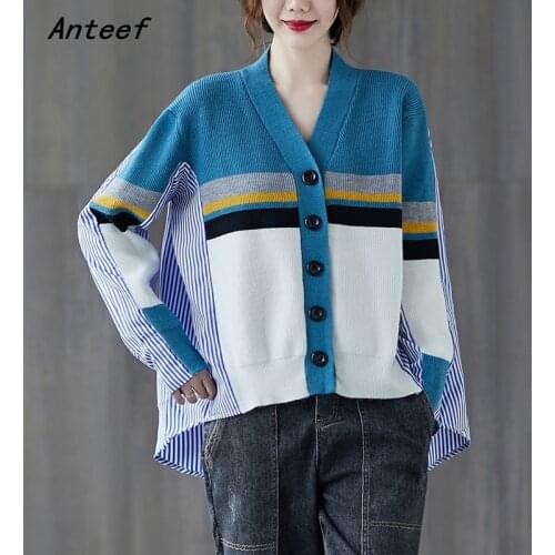 Anteef korean fashion vintage knitted long sleeve top causal loose oversized autumn cardigan sweater women sweaters clothes 2021