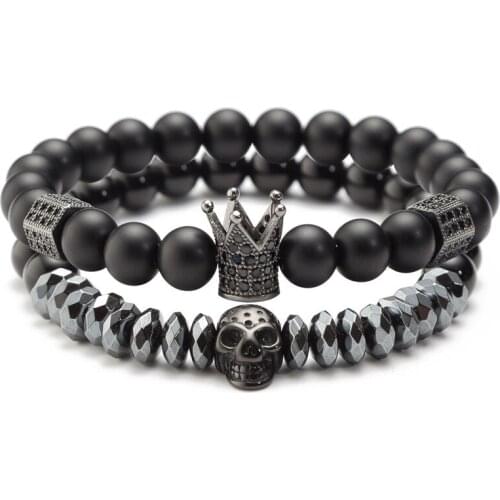 Zircon Crown Skull Natural Stone Bracelet Set Mens Beads Bracelet