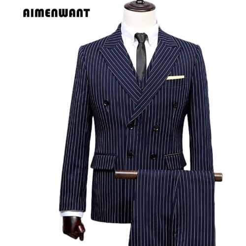 AIMENWANT Brand Wide Neck Suits For Mens Fitted Blazer Coat Brazil Striped 3-piece Suit Wedding Suit Retro England Blazers Set