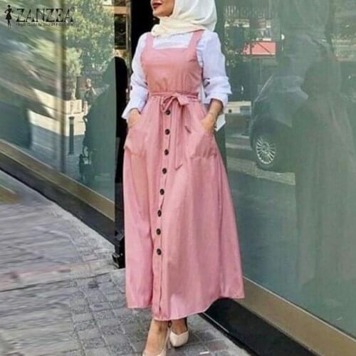 ZANZEA 2021 Elegant Button Sundress Womens Autumn Overalls Vestidos Casual Solid Tank Marocain Robe Female Islamic Dress S-5XL