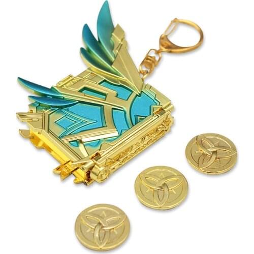Game Genshin Impact Skyward Atlas Cosplay Props Lisa Barbara Ningguang Mona Sucrose Magic Book Metal Keychain KeyRing +Mora Coin