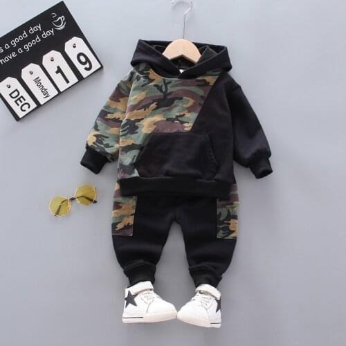 Baby Boys Camouflage Clothes Set Long Sleeve O-neck Hooded Tops + Elastic Waist Long Pants For kid boys Spring Fall clothes 2pcs