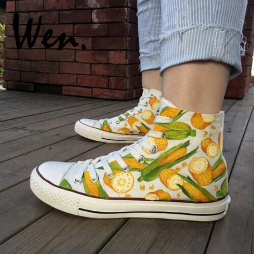 Wen Unisex White Skateboarding Shoes Design Custom Hand Painted Corn High Top Canvas Sneakers Mens Womens Platform Plimsolls