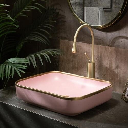 China Artistic Handmade Ceramic wash basin Lavobo Countertop wash basin bathroom sink pink