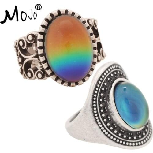 2PCS Antique Silver Plated Color Changing Mood Rings Changing Color Temperature Emotion Feeling Rings Set For Women/Men 003-011