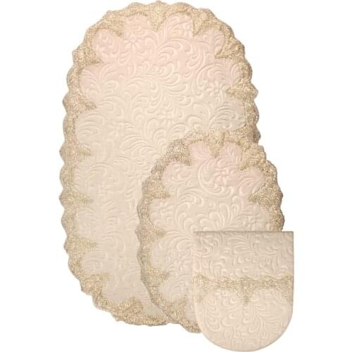 Cream Plush Luxury Oval Dowry French Lacy Laced Toilet Seat Pad Bath Mat Set 3'lü