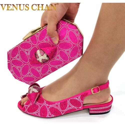 Italian Design Nigerian Hot Selling Magenta Color Fashion Colorful Crystal Style Women Shoes and Bag Set With Streamer Modeling