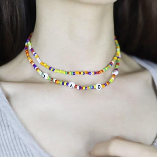 Fashion Bohemia Handmade Diy Rice Bead Necklace Letter Lucky Love Angel Choker Clavicular Chain Colorful Female Beach Jewelry