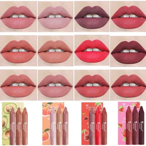 3pcs Matte Red Crayon Lipsticks Set Nude Waterproof Long Lasting Sexy Velvet Tint Pen Non-stick Cup Makeup Cosmetics Lip Gloss