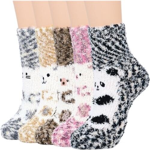Thickened Warm Kawaii Cute Print Bear Animal Pattern Socks for Females Plush Socks Winter Fur Fleece Lined Slipper 5 Pairs