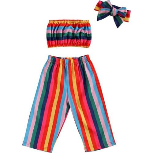 3 Pcs Infant Casual Colorful Striped Rainbow Outfits, Baby Girl Color Block Tube Top + Trousers + Bowknot Headband 1-5t