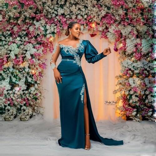 Luxury Mermaid Aso Ebi Prom Dresses Puffy Long Sleeves Side Split Lace Appliques Plus Size Evening Dressing Gowns