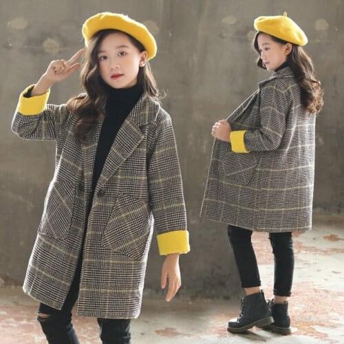 Girls Woolen Coat Autumn Winter Childrens Long Plaid Jacket Kids Fashion Diagonal Pocket Outerwear Teen Girl Coats Clothes