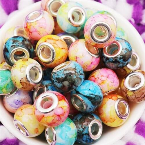 10 Pcs Set Color Marble Big Hole Glass Spacer Beads Fit Pandora Bracelet DIY Snake Chain Cord Necklaces for Jewelry Making Bulk