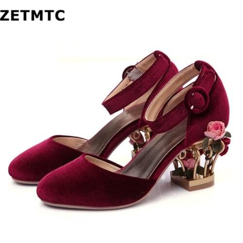 Rhinestone Jeweled Block Heel Pumps Women Ankle strap Beaded Embroidery Chunky High Heel Shoes Woman Wedding pumps