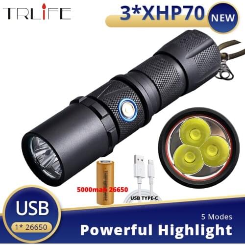 Ultra Powerful 3* XHP70 Flashlight Type-c USB Rechargeable Lantern High Long-range Glare Aluminum Light Waterproof Hard Lights
