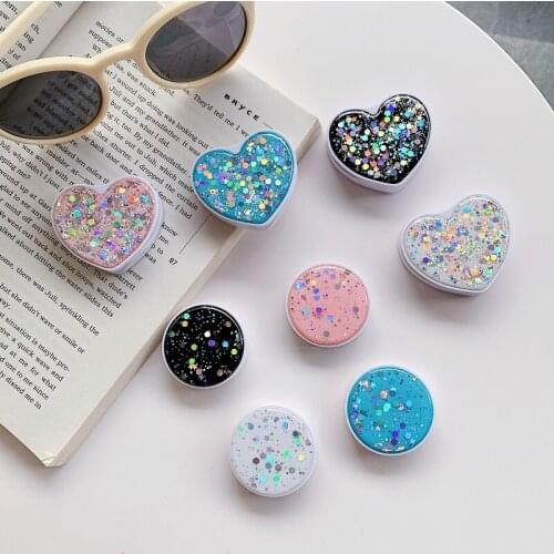 Colorful Glitter Phone Holder For iPhone Redmi Samsung Round Heart Fold Grip Cellphone Stand Mount Bracket